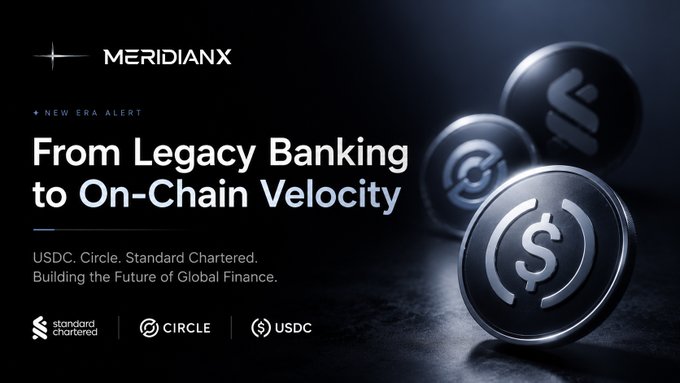 MeridianX promotional graphic titled 'From Legacy Banking to On-Chain Velocity' featuring USDC, Circle, and Standard Chartered logos alongside metallic USDC coin imagery.