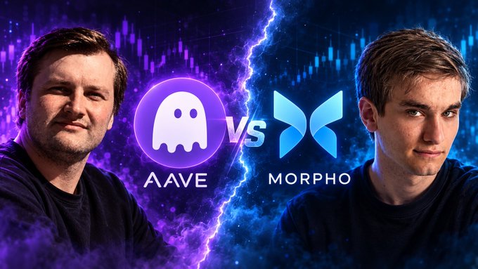 A split-screen promotional graphic pits two men against each other in a "DeFi War" showdown, with a purple-haired man beside the Aave ghost logo on the left and a blond-haired man beside the blue Morpho butterfly logo on the right, separated by a "vs" graphic and an electric lightning divider. The image visually represents the Twitter/X rivalry between Aave and Morpho founders referenced in the post.