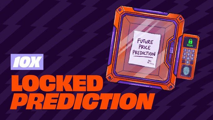 A promotional banner for 'IOX LOCKED PREDICTION' featuring an orange and purple device with a note that reads 'FUTURE PRICE PREDICTION' dated 2024.