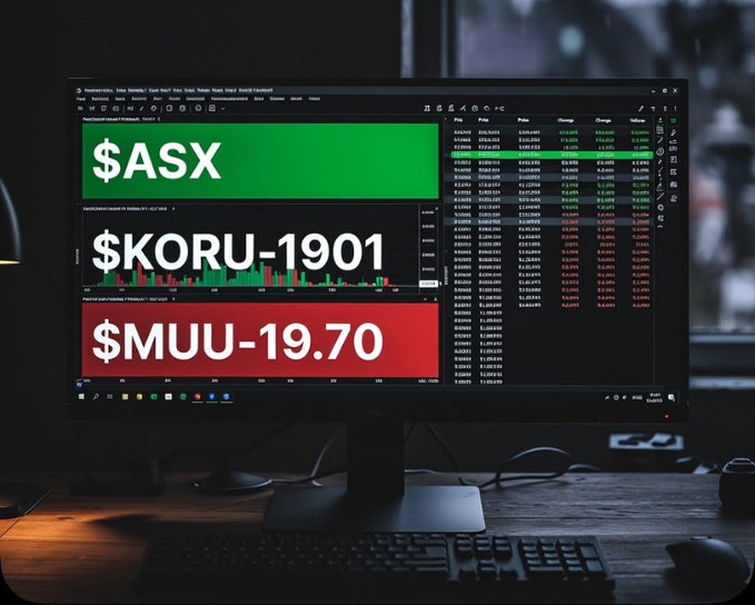 A computer monitor displays financial tickers showing $ASX, $KORU-1901, and $MUU-19.70 alongside a candlestick chart and market data on a dark-themed interface.