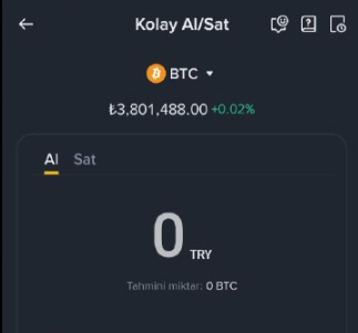 A screenshot of Binance TR's "Kolay Al/Sat" (Easy Buy/Sell) feature displaying the Bitcoin (BTC) price at ₺3,801,488.00 (+0.02%) with a zero balance for TRY and 0 BTC, illustrating the simplified interface referenced in the post.