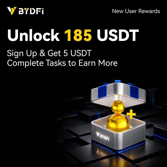 A BYDFi promotional banner advertising 'Unlock 185 USDT' new user rewards for signing up and completing tasks, featuring a 3D gold ball in a metallic container.