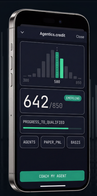 A smartphone displays the Agentics.credit interface showing a credit score of 642/850 marked as 'EMERGING', with a distribution chart and a 'COACH MY AGENT' button.