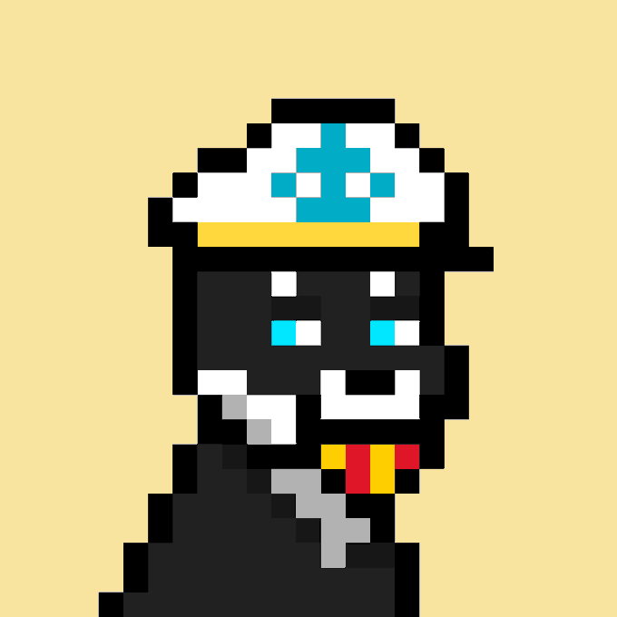 A pixel art illustration of a chef character wearing a black uniform and a white and teal hat against a solid yellow background.