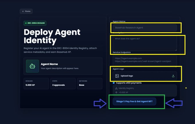 A dark-themed dashboard for deploying an AI agent identity on the ERC-8004 registry on Base, featuring highlighted form fields for Agent Name ("Basetub Research Agent"), description ("What does this agent do?"), and logo upload, with arrows pointing to the "Stage 1: Pay Fee & Get Agent NFT" button—promoting it as a key step in the $BASE airdrop process.
