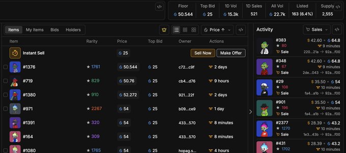 A dark-themed NFT marketplace interface displaying various items with stats including "Floor $0.544" and prices listed for sale.