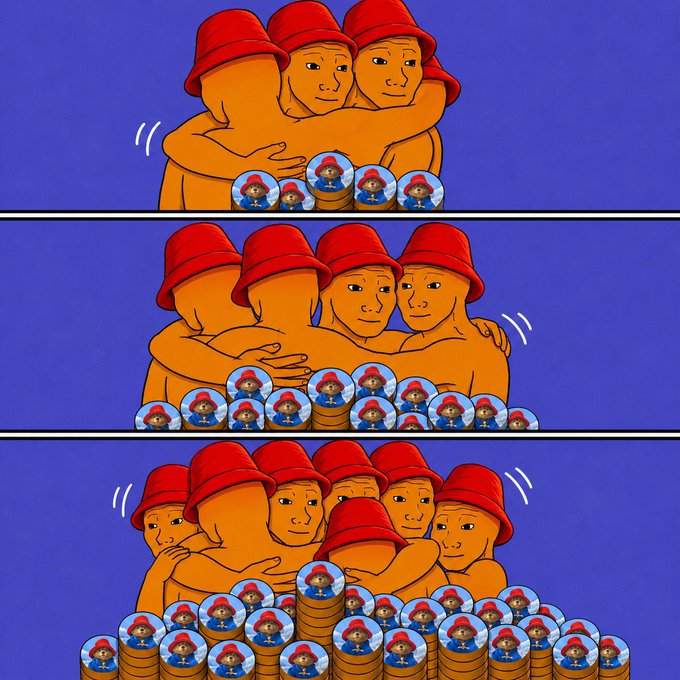 A three-panel illustration showing orange-skinned figures in red bucket hats embracing, with stacks of coins featuring a similar character increasing in size across each panel.
