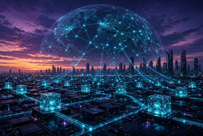 A futuristic digital artwork depicting a glowing blue holographic globe overlaid on a sprawling cyberpunk cityscape with illuminated skyscrapers and networked data nodes at sunset.