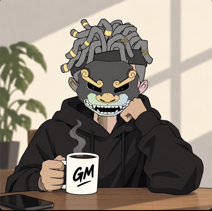 An anime-style illustration of a person wearing a black hoodie and a stylized oni/demon mask with gold accents, holding a steaming mug labeled 'GM' at a table.