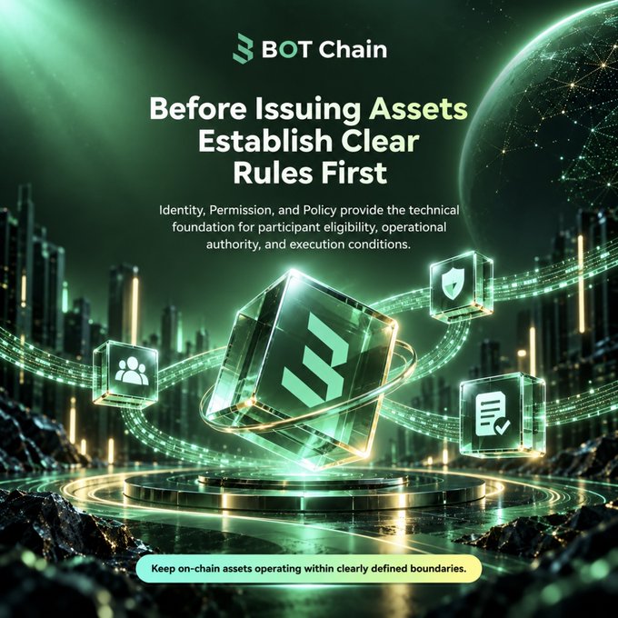 A promotional graphic for 'BOT Chain' titled 'Before Issuing Assets Establish Clear Rules First,' featuring a 3D green cube surrounded by glowing rings and floating icons representing identity, permission, and policy.