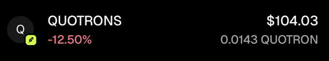 The image shows a balance of 0.0143 QUOTRON, valued at $104.03, with a -12.50% change. This directly supports the accompanying post's claim of earning $104 worth of QUOTRON after hardwiring.