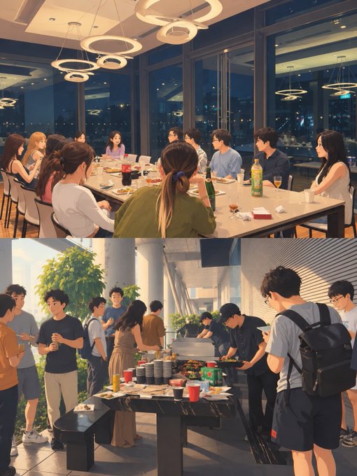 An anime-style illustration showing two scenes: a group of people gathered around a long table at a dinner party in a modern high-rise, and a buffet gathering where people are serving themselves food outdoors.