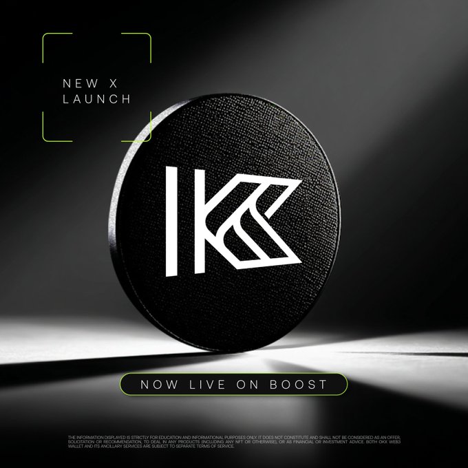 The image is a promotional graphic announcing the launch of KiiChain (K) on Boost, featuring a black circular emblem with a stylized white "K" logo and the text "NEW X LAUNCH" and "NOW LIVE ON BOOST." This visually supports the post's announcement of KiiChain's listing on OKX Boost, with registrations opening August 19 and claims starting August 20.