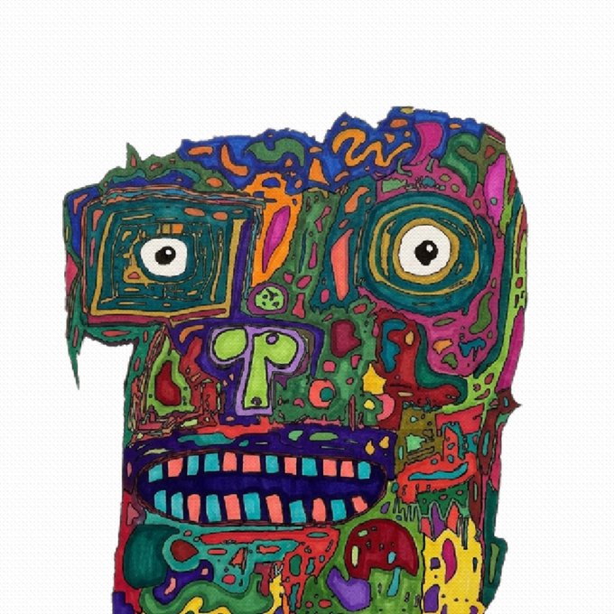 A colorful, psychedelic illustration of a stylized face or mask with large eyes, featuring vibrant patterns and dripping paint effects.