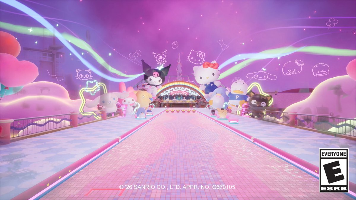 A vibrant pink and purple scene from a Sanrio video game, featuring characters like Hello Kitty, Kuromi, and Pompompurin on a colorful bridge. Text at the bottom reads '© '26 SANRIO CO., LTD. APPR. NO. G670105' with an ESRB 'EVERYONE' rating.
