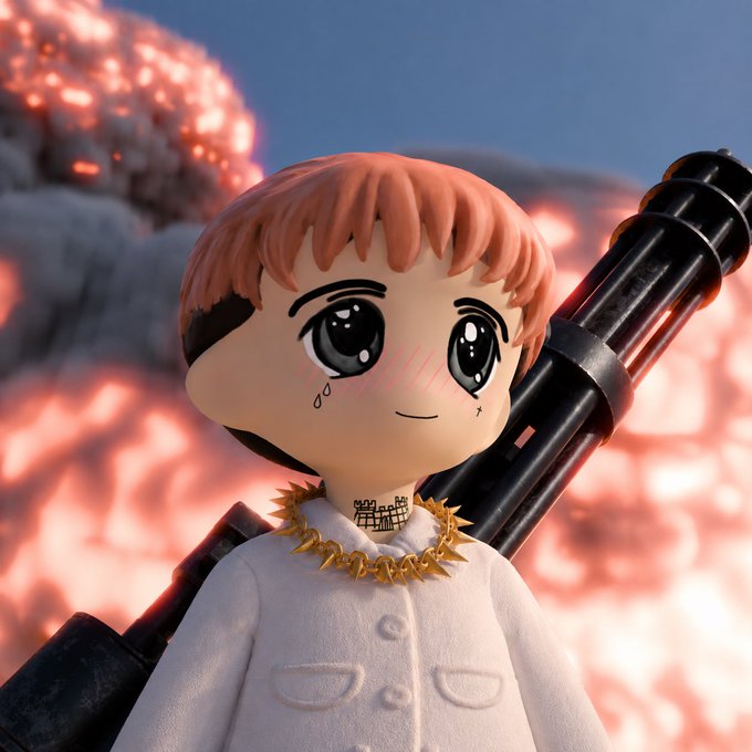 A chibi-style figure with short orange hair, large anime-style eyes, a spiked gold chain necklace, and stitched scars on the neck stands in front of a glowing lava-like backdrop, holding a large minigun over their shoulder. The image's edgy, militaristic aesthetic with the "MILADY" reference evokes the iconic Milady meme character, known for its ironic juxtaposition of cute visuals with chaotic or rebellious themes.