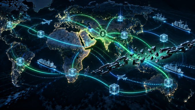 A futuristic digital world map with glowing blue blockchain nodes, a Bitcoin logo, a breaking chain, and interconnected global trade routes.