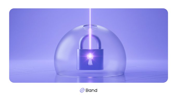 A 3D illustration of a glowing padlock under a glass dome on a lavender background, with a small 'Band' logo at the bottom.