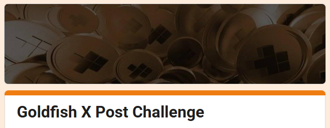 The image features a postcard with an advertisement for a challenge called "Goldfish X Post Challenge". The postcard has a brown background, and there are several goldfish coins scattered across the page. The text on the postcard reads "Goldfish X Post Challenge! @goldfishggbr Create an X post talking about how to maximize GINI allocation which includes: Joining the Season 2 airdrop leaderboard (holding $GGBR, providing $GGBR/USDT liquidity on Uniswap), Focus on what is in the image and how it relates to the post." The text also mentions that there are coins scattered across the page.
