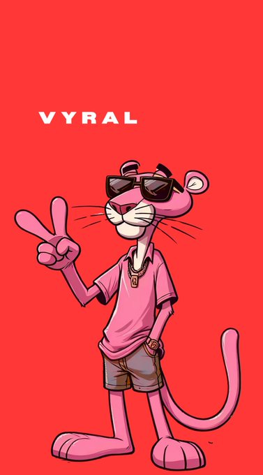 The image features a cartoon character, likely a pink panda, wearing sunglasses and holding up two peace signs with one hand while wearing shorts with the other. The background of the image is red, which complements the pink color of the panda. There are also some text elements in the image that read "vyral" and "@River4fun".