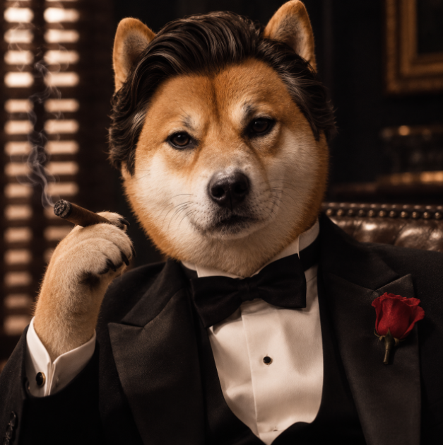 A Shiba Inu dog is anthropomorphized in a black tuxedo, holding a cigarette in its paw with a rose boutonniere.