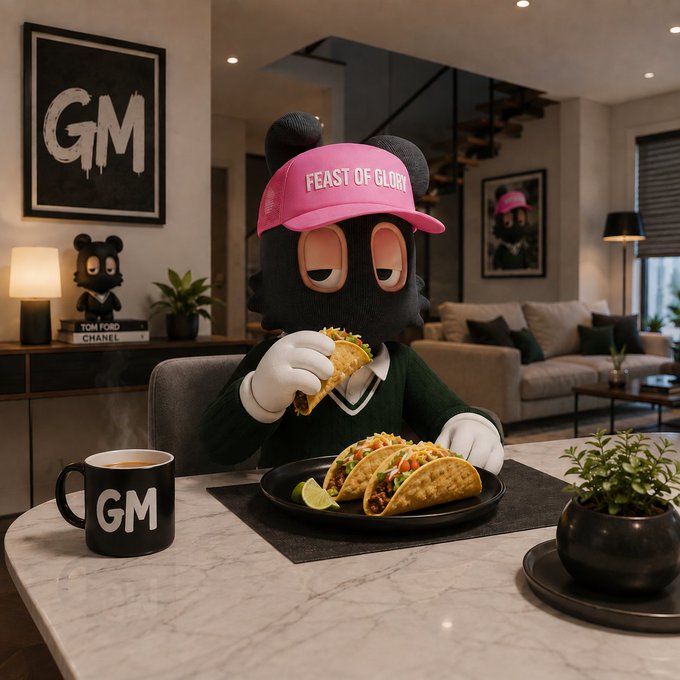 A 3D-rendered black bear-like mascot wearing a pink 'FEAST OF GLORY' cap sits at a marble table eating tacos, with a 'GM' logo on a framed poster and coffee mug in the background.