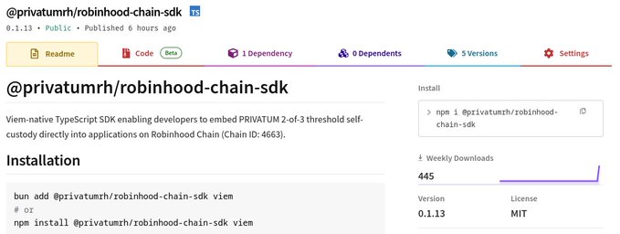 A screenshot of the vpm package registry page for '@privatum/robinhood-chain-sdk', a Viem-native TypeScript SDK for embedding Privatum 2-of-3 threshold self-custody on Robinhood Chain, showing 445 weekly downloads and version 0.1.13.