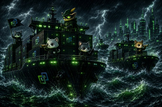 A digital artwork depicting anthropomorphic cats in green tactical gear on a futuristic ship sailing through stormy seas, with cats holding weapons and flags bearing a green logo, set against a cyberpunk city skyline with lightning.