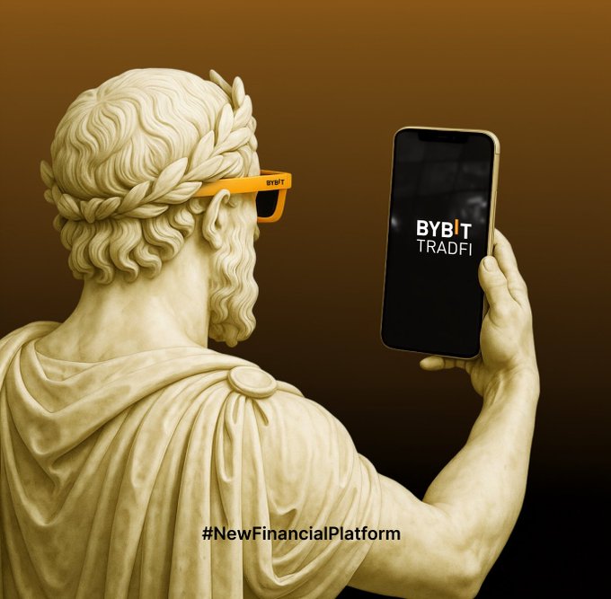 A marble statue of a classical figure wearing Bybit orange sunglasses holds up a smartphone displaying the 'BYBIT TRADING' logo, with the hashtag '#NewFinancialPlatform' at the bottom.