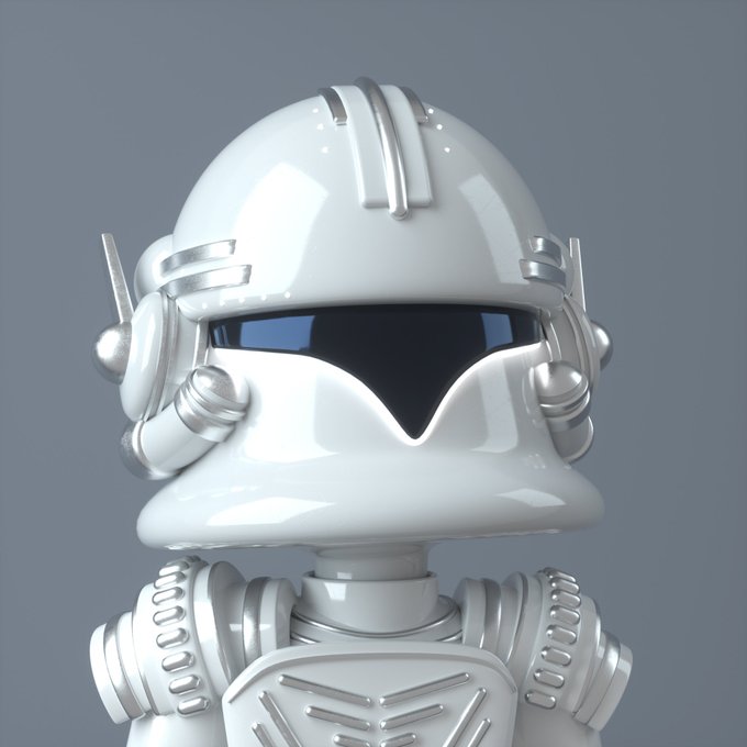 Figure 5: A close-up of a sleek, white robotic figure with a dark visor and detailed mechanical features on a gray background.