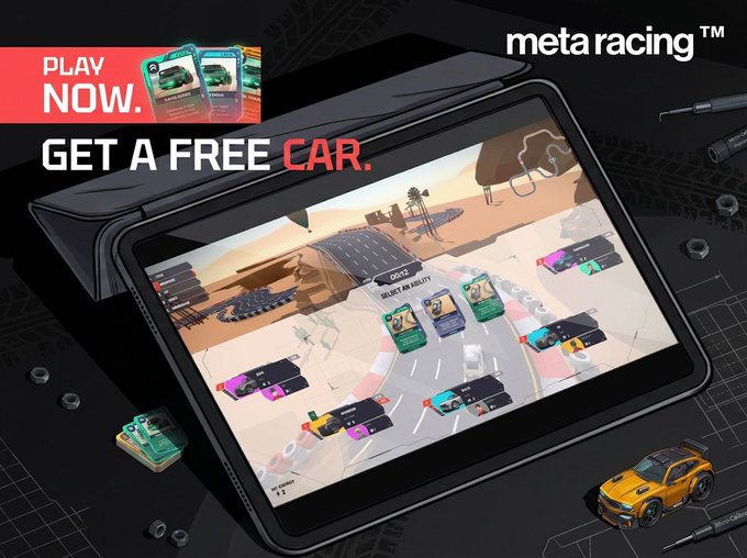 Promotional graphic for 'meta racing' showing a tablet displaying a racing game with the text 'PLAY NOW. GET A FREE CAR.'