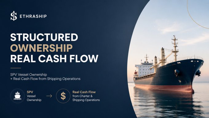 A promotional graphic for EthraShip featuring a large cargo ship on calm waters at sunset, highlighting "STRUCTURED OWNERSHIP, REAL CASH FLOW" with a flow diagram showing SPV Vessel Ownership generating Real Cash Flow from Charter & Shipping Operations, visually reinforcing the post's emphasis on the project's underlying structure of SPV-based vessel ownership and genuine shipping revenue rather than tokenization.