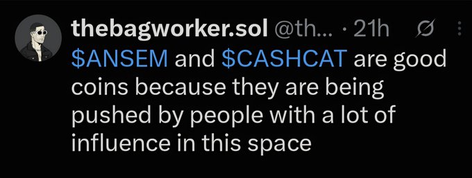 A tweet screenshot from 'thebagworker.sol' stating '$ANSEM and $CASHCAT are good coins because they are being pushed by people with a lot of influence in this space'.