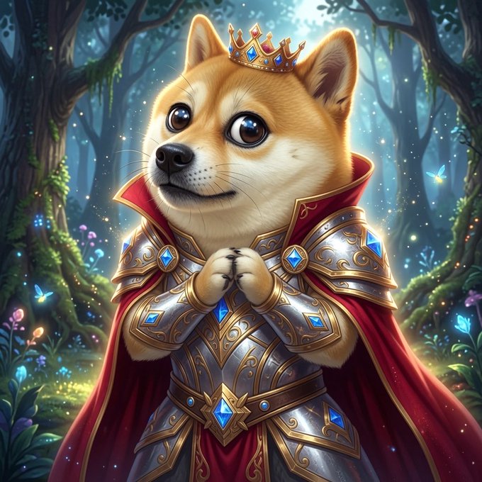 A digital illustration depicts a Shiba Inu dog wearing ornate silver and gold armor with blue gemstones, a red cape, and a jeweled crown, set against a magical forest background.