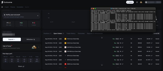 The image shows the Outcome platform dashboard with a terminal window overlay displaying a Node.js bot script running on macOS (dev — 100x100), alongside trade history showing orders for tickers like GOLD, SHORTSHR, SPCX, and SPY with quantities around 52-55 and prices ranging from $3.44 to $28.7929.

This visual captures the vibecoded liquidity mining bot in action, with the terminal code window layered over the Outcome.xyz interface showing open orders generating the trading volume needed to farm the $1M+ incentive pool.
