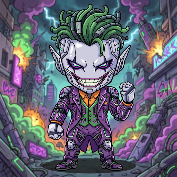 A chibi-style cartoon of a Joker-like character with green hair, a metallic face, and a purple and green outfit, posed in a ruined cityscape with neon lights and lightning.