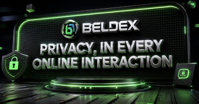 An advertisement for 'BELDEX' with the tagline 'PRIVACY, IN EVERY ONLINE INTERACTION' featuring a lock icon and green lighting effects.