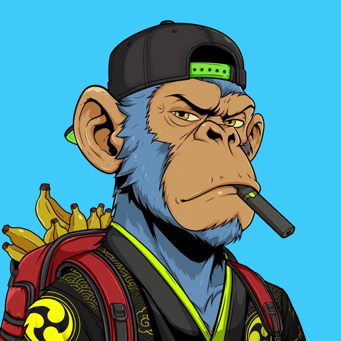A cartoon-style illustration of a blue-furred chimpanzee wearing a backwards black cap, smoking a cigar, and carrying a backpack filled with bananas.