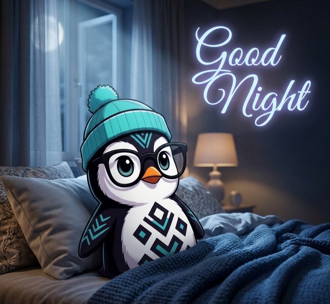 A cute penguin character wearing glasses and a teal beanie sitting on a bed with blankets, alongside a neon 'Good Night' sign on the wall.