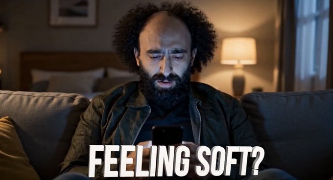 A bearded man with curly hair sits on a couch looking down at his phone with a concerned expression, with the text "FEELING SOFT?" displayed below him.

The image relates to the post by depicting someone appearing worried or uncertain while on their phone—visually mocking the idea of feeling "soft" or hesitant about a bold trading decree, fitting the dramatic tone of ordering trenches to sever trading ties.
