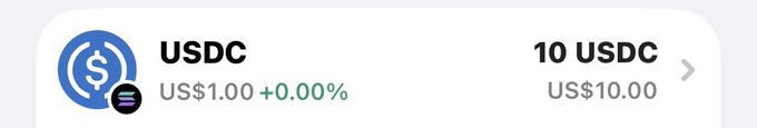 A cryptocurrency wallet interface showing a USDC balance of '10 USDC' valued at 'US$10.00' with a 0.00% change.