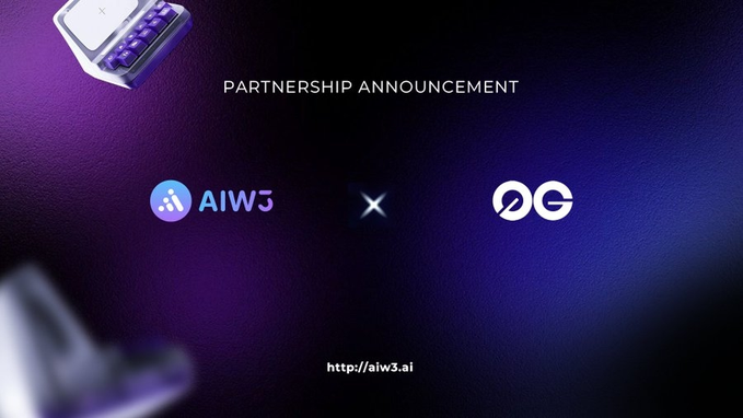 Partnership announcement graphic between AIW3 (aiw3.ai) and another entity (OG), displayed on a purple background with a keyboard image.