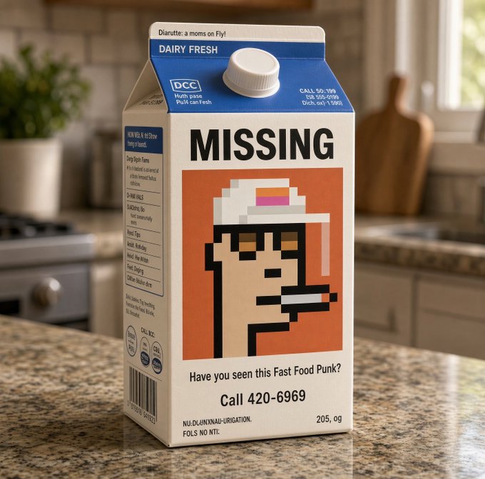 A milk carton on a kitchen counter features a pixel art character and the text 'MISSING - Have you seen this Fast Food Punk? Call 420-6969'.