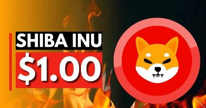 The image shows a fiery background with text reading "SHIBA INU $1.00" alongside the Shiba Inu coin logo featuring a stylized dog face. The bold "to the moon" imagery and dramatic flames visually reinforce the post's optimistic message about SHIB's potential to skyrocket to $0.01 (and beyond) through patience and conviction.