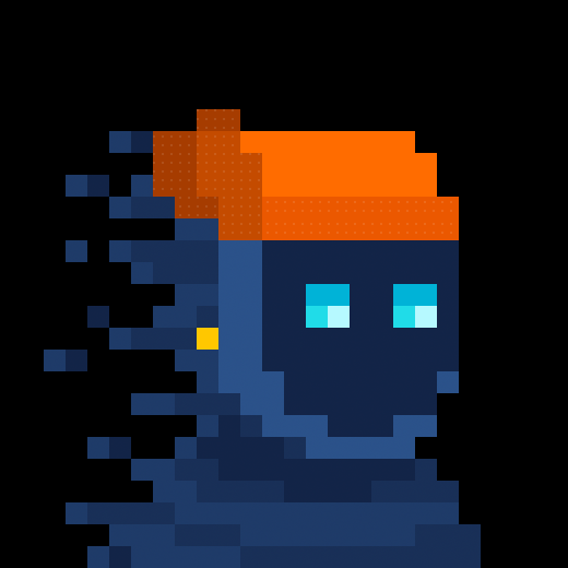 A pixel art illustration of a blue character with an orange top and cyan eyes against a black background.