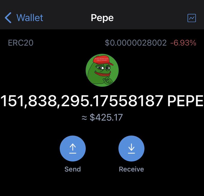 A screenshot of a cryptocurrency wallet displaying 151,838,295.17558187 PEPE, valued at approximately $425.17, with a 6.93% decline.
