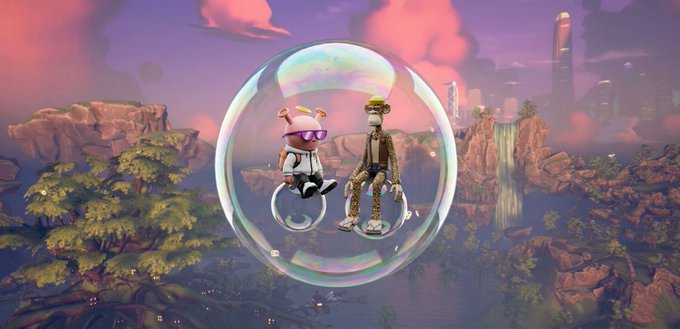 A digital illustration of two cartoonish characters sitting inside a transparent bubble, floating over a surreal landscape with waterfalls, trees, and a futuristic city in the background at sunset.