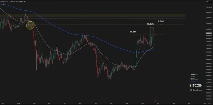 A Bitcoin daily candlestick chart showing price action with annotations marking a 31.51% and 8.26% rally, with technical indicators displayed on a dark background.