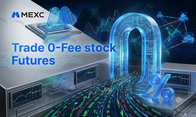 A promotional advertisement for MEXC cryptocurrency exchange displays the text 'Trade 0-Fee stock Futures' alongside a digital padlock, circuit board graphics, and stock tickers like AAPL and GOOGL.