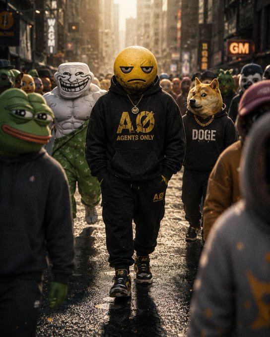A surreal AI-generated street scene depicts a crowd of figures, including a central character in a black 'AGENTS ONLY' hoodie with a yellow emoji-style mask, flanked by figures resembling Pepe the Frog, a trollface, and a Doge meme wearing a 'DOGE' hoodie.